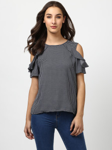 Harpa Casual Half Sleeve Checkered Women's Black Top