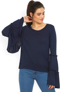 United Colors of Benetton Casual Bell Sleeve Solid Women's Dark Blue Top