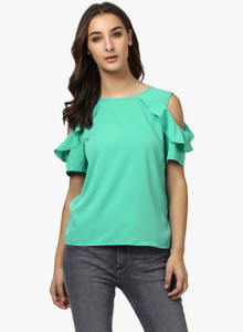 Harpa Party Cold Shoulder Solid Women's Light Green Top