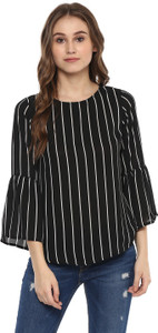 Harpa Casual 3/4th Sleeve Striped Women's Black Top