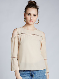 Harpa Casual 3/4th Sleeve Solid Women's Beige Top