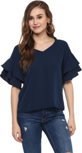 Harpa Casual Half Sleeve Solid Women's Blue Top