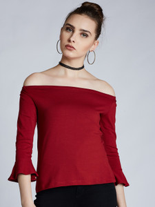 Harpa Casual 3/4th Sleeve Solid Women's Maroon Top