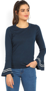United Colors of Benetton Casual Bell Sleeve Self Design Women's Dark Blue Top