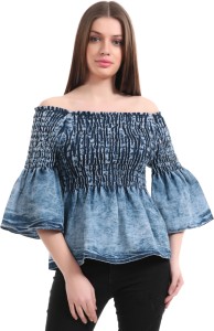 Christy World Casual Bell Sleeve Solid Women's Blue Top