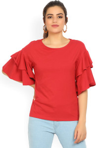 United Colors of Benetton Casual Bell Sleeve Solid Women's Red Top