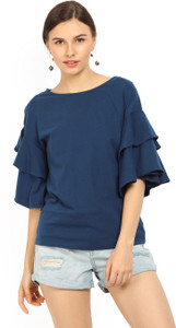 United Colors of Benetton Casual Bell Sleeve Solid Women's Blue Top