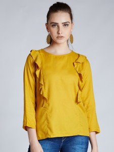 Harpa Casual 3/4th Sleeve Solid Women's Yellow Top