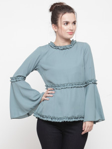 Pluss Casual Bell Sleeve Solid Women Blue Top