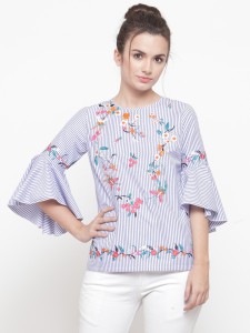 Pluss Casual Bell Sleeve Embroidered Women Blue Top