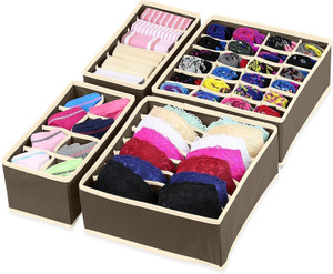House of Quirk Foldable Fabric Drawer Organizer for Innerwear (30 cm x 35 cm x 10.01 cm, Set of 4, Brown)