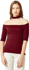 Miss Chase Party Half Sleeve Solid Women's Maroon Top
