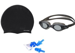 facto power multicolor goggles, cap with ear & nose plug swimming kit