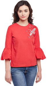 Oxolloxo Casual 3/4th Sleeve Embroidered Women Red Top