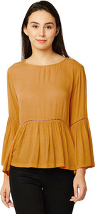 Miss Chase Casual Bell Sleeve Solid Women's Yellow Top
