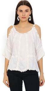 Tokyo Talkies Casual 3/4th Sleeve Self Design Women's White Top