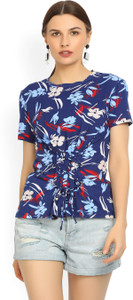 United Colors of Benetton Casual Short Sleeve Floral Print Women's Blue Top