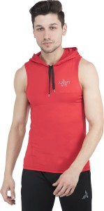 AARMY FIT Solid Men Hooded Neck Red T-Shirt