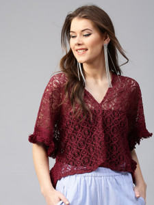 Sassafras Casual Kimono Sleeve Solid Women's Maroon Top
