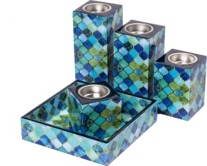 scrafts scrafts grey abstract print square 4pcs set with tray /wooden candle stand/tea light candle holders/decorative candle stand/holder exclusive gift for home decoration/special occasions/romantic dates/side table decoration/festive gift wood 4 - cup tealight holder set(multicolor, pack of 4)