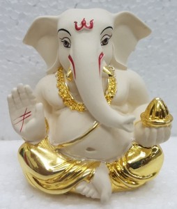 gold art india gold plated off white appu ganesh (5x4x3cm)/ ganesha online/ god ganesh idol decorative showpiece  -  5 cm(ceramic, gold)