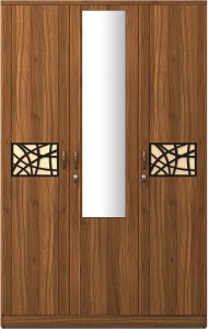 spacewood engineered wood 3 door wardrobe(finish color - natural teak, mirror included)