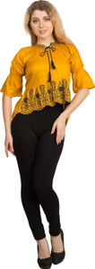 clothvilla Casual Half Sleeve Embroidered Women's Yellow Top