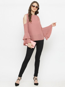 Pluss Casual Bell Sleeve Solid Women's Pink Top