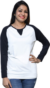 Chauhan Solid Women's Round Neck Black, White T-Shirt