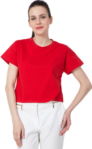 American-Elm Casual Half Sleeve Solid Women's Red Top