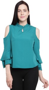 Tunic Nation Casual Cold Shoulder, Bell Sleeve Solid Women's Blue Top