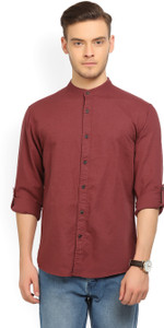 People Men's Solid Casual Mandarin Shirt