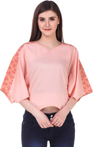 Skizo Casual Batwing Sleeve Printed, Solid Women's Pink Top