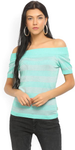 United Colors of Benetton Casual Half Sleeve Striped Women's Green, Silver Top