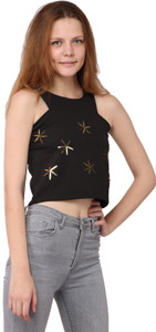 WEAR&GO Party Sleeveless Embellished, Solid Women's Black Top
