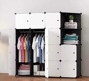 house of quirk plastic portable wardrobe storage organizer, white (14cube+2hanger+2open_cab_whii) pvc collapsible wardrobe(finish color - black)