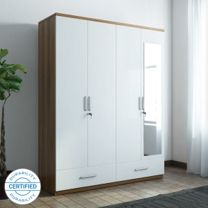 spacewood apex engineered wood 4 door wardrobe(finish color - white, mirror included)