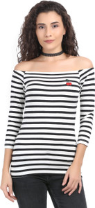 Vero Moda Casual 3/4th Sleeve Striped Women Black, White Top