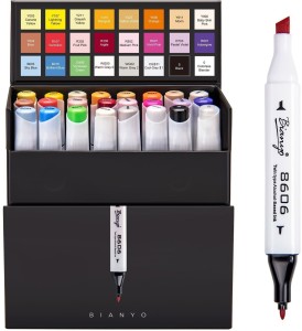 Bianyo Dual Tip Art Marker Pen Set- Fine and Chisel Nibs, 24  Colors Artist Permanent Coloring Highlighters - Dual Tip Marker