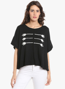Vero Moda Casual Half Sleeve Embroidered Women Black Top