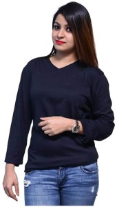 CAMILLA MAX Solid Women's V-neck Black T-Shirt