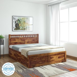 induscraft ethina drawer sheesham solid wood queen drawer bed(finish color -  brown)