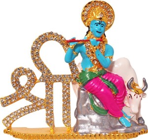 art n hub lord krishna makhan chor shri krishan with cow idol god statue decorative showpiece  -  8 cm(brass, pink)