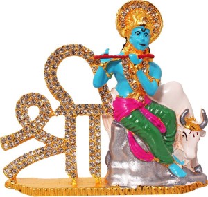 art n hub lord krishna makhan chor shri krishan with cow idol god statue decorative showpiece  -  8 cm(brass, green)