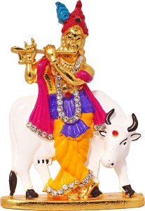 art n hub lord krishna makhan chor shri krishan with cow idol god statue decorative showpiece  -  8 cm(brass, multicolor)