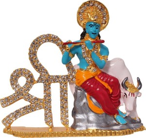art n hub lord krishna makhan chor shri krishan with cow idol god statue decorative showpiece  -  8 cm(brass, multicolor)