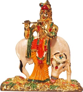 art n hub lord krishna makhan chor shri krishan with cow idol god statue decorative showpiece  -  9 cm(brass, gold)