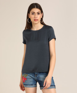 Vero Moda Casual Half Sleeve Solid Women's Grey Top