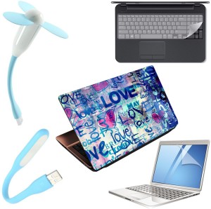 Finest 5 in 1 Laptop Skin Combo Pack with Screen Guard, Key Protector, USB Led Light and Fan for 15.6 inch Laptop - Love Blue 5IN1PRELS043 Combo Set(Multicolor)