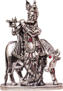 art n hub lord krishna makhan chor shri krishan with cow idol god statue decorative showpiece  -  8 cm(brass, silver)